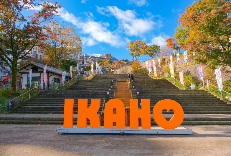 The famous stone steps of Ikaho Onsen, lined with traditional inns.